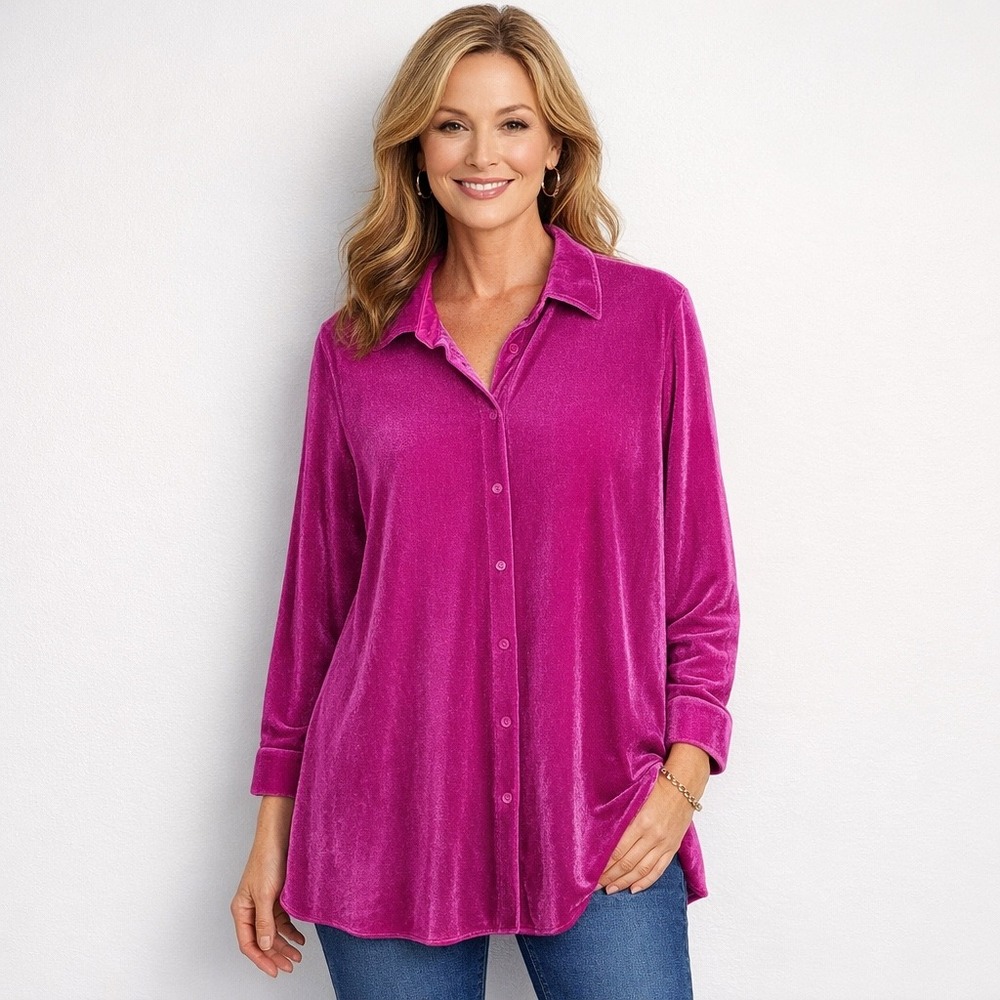 Soft Surroundings Velvet Button‎ Down Shirt Tunic XL Fuchsia Pink Long Sleeves